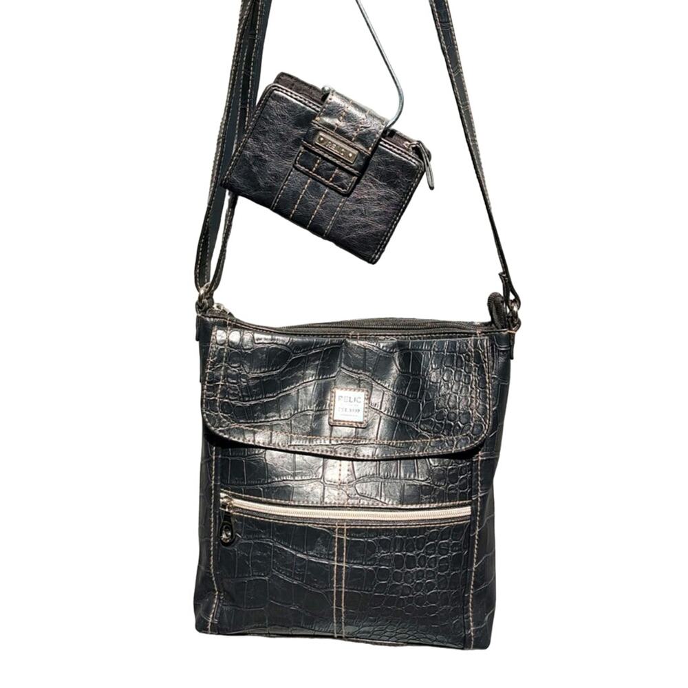 Relic - Black Croc Embossed Organizational Messenger Bag & Wallet Set, Crossbody